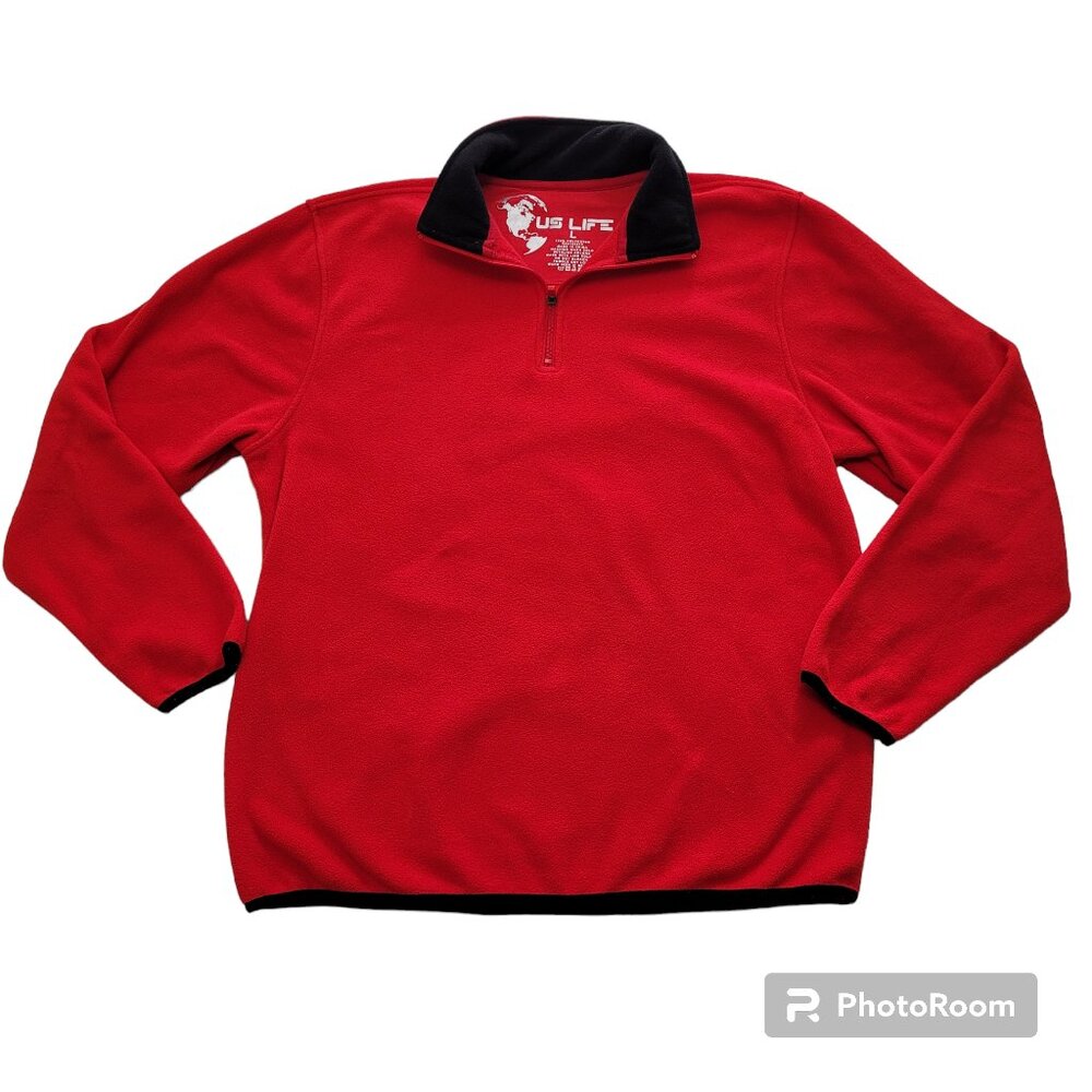 Red Fleece Pullover Jacket 1/4 Zip Collar Logo Mens Large Black Trim